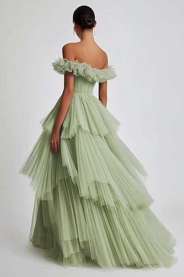 Dusty Sage Off The Shoulder A Line Ruffles Prom Dress